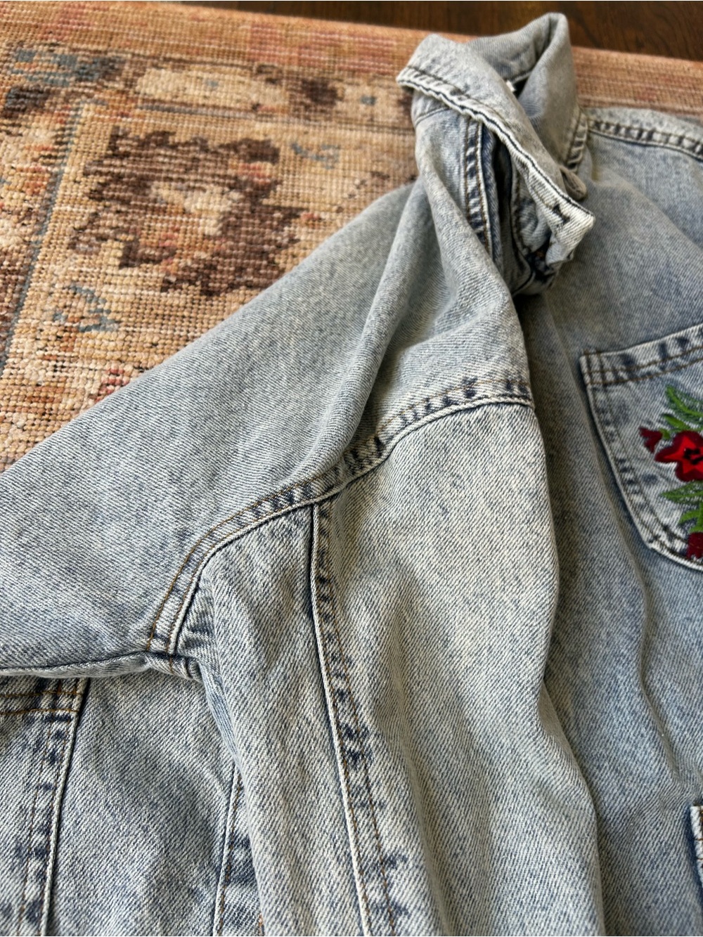 Denim Women's Embroidered Jacket - Light Blue with Colorful Pockets - Picture 8 of 9